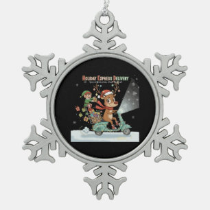 Whimsical Holiday Express Delivery   Cute Reindeer Snowflake Pewter Christmas Ornament