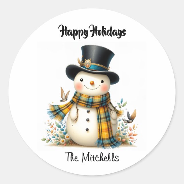 Whimsical Holiday Snowman Classic Round Sticker (Front)