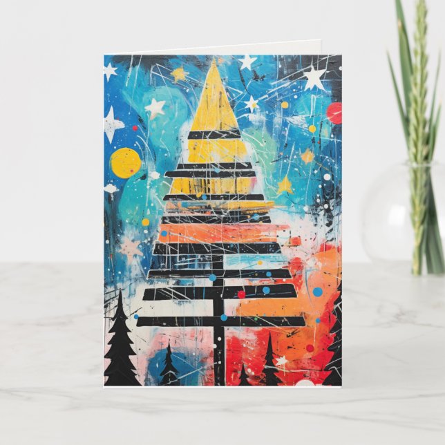 Whimsical Holiday Trees in Abstract Design Card (Front)