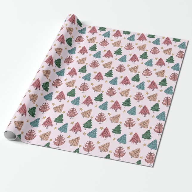 Whimsical Holiday Trees Wrapping Paper (Unrolled)