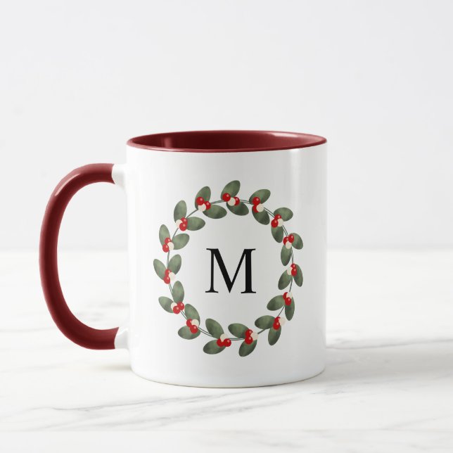 Whimsical Holly Berry Christmas Monogrammed  Mug (Left)