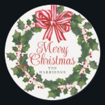 Whimsical Holly Wreath Christmas Classic Round Sticker<br><div class="desc">Celebrate the season with our delightful Whimsical Holly Wreath stickers, featuring a charming illustration of a Christmas wreath made of holly with a festive red and white striped bow that captures the magic of Christmas. The playful "Merry Christmas" greeting in the middle of the illustration is written in a whimsical,...</div>