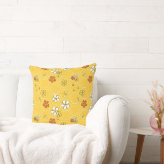 Whimsical Honey Bee and Yellow Honeycomb  Cushion