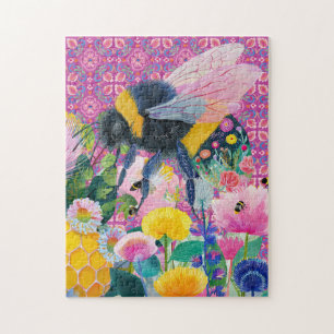 Whimsical Honey Bee Garden Wildflower Jigsaw Puzzle