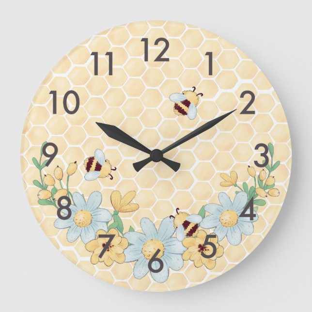 Whimsical Honey Bee Yellow Large Clock (Front)