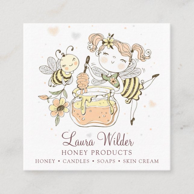 Whimsical Honey Jar Beekeeper Honey Products Square Business Card (Front)