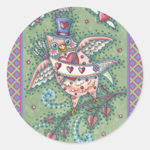 WHIMSICAL HOOTS N' HEARTS CUPID OWL VALENTINE CLASSIC ROUND STICKER