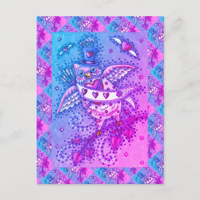 WHIMSICAL HOOTS N' HEARTS CUPID OWL VALENTINE HOLIDAY POSTCARD (Front)