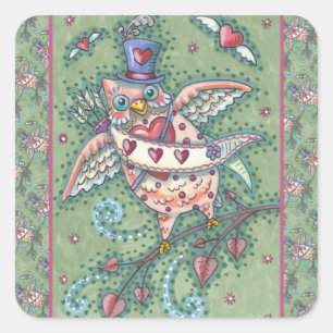 WHIMSICAL HOOTS N' HEARTS CUPID OWL VALENTINE SQUARE STICKER