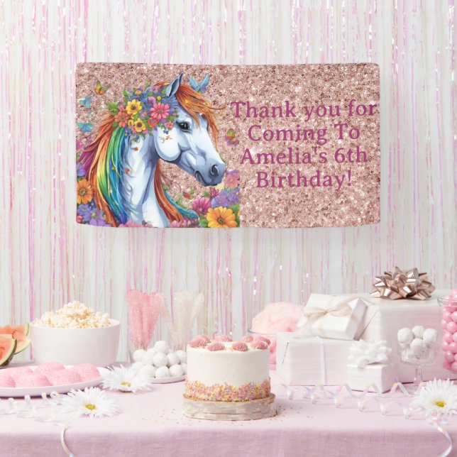 Whimsical Horse Rainbow Floral Equestrian Birthday Banner (Party)