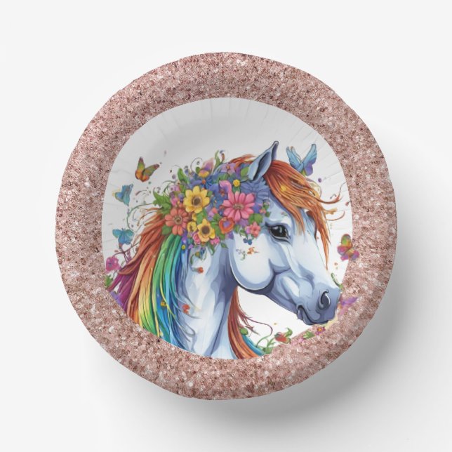 Whimsical Horse Rainbow Floral Equestrian Birthday Paper Plate (Front)
