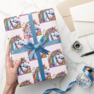 Whimsical Horse Rainbow Floral Equestrian Birthday Wrapping Paper