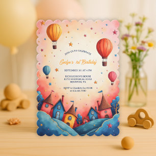 Whimsical Hot Air Balloon 1st Birthday Invitation