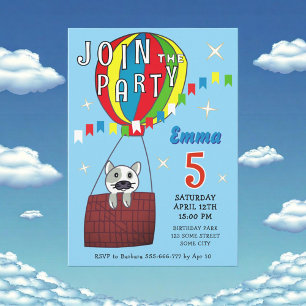 Whimsical Hot Air Balloon Cat Birthday Invitation