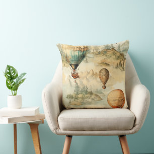 Whimsical Hot Air Balloon Mountain Map Cushion