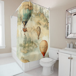 Whimsical Hot Air Balloon Mountain Map Shower Curtain