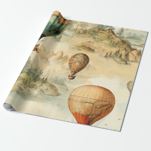 Whimsical Hot Air Balloon Mountain Map Wrapping Paper