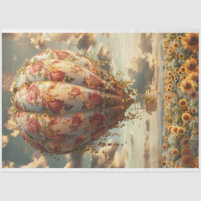 Whimsical Hot Air Balloon Sunflowers Decoupage Tissue Paper (Front)