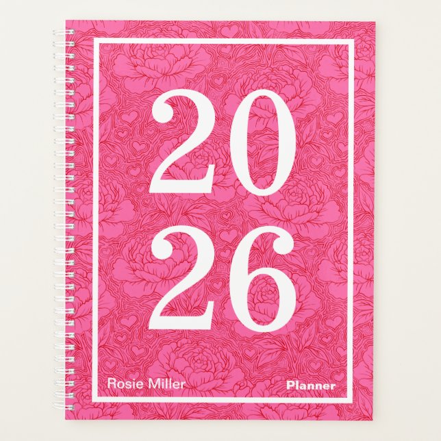 Whimsical Hot Pink and Red Peonies Bold Planner (Front)