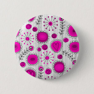 Whimsical hot pink white hearts and flowers floral 6 cm round badge