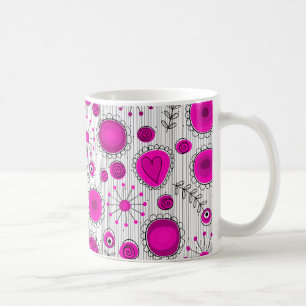 Whimsical hot pink white hearts and flowers floral coffee mug
