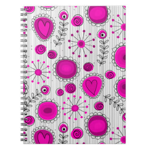 Whimsical hot pink white hearts and flowers floral notebook