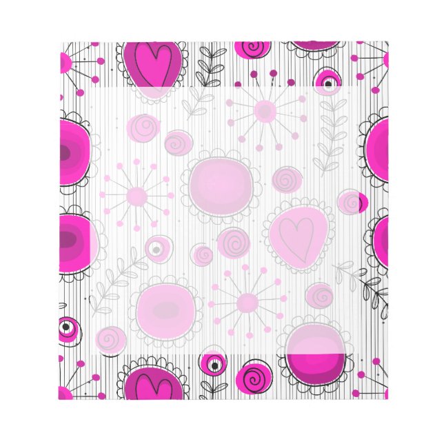 Whimsical hot pink white hearts and flowers floral notepad (Front)