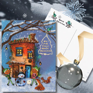 Whimsical House and Winter Woodland Friends  Holiday Postcard