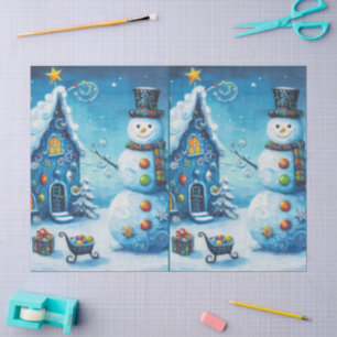 Whimsical House & Snowman Christmas Decoupage Tissue Paper