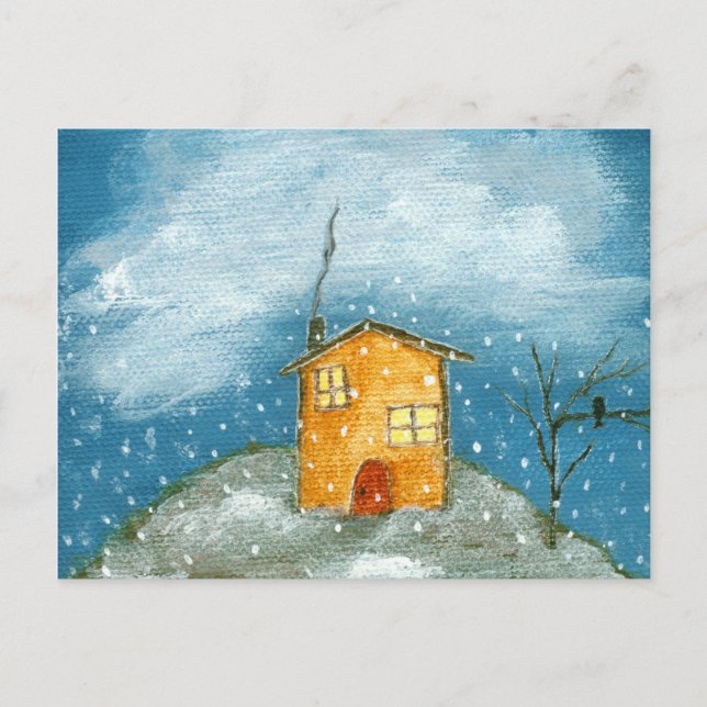 Whimsical House Snowstorm Tree Folk Art Painting Postcard (Front)