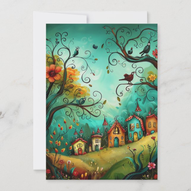 Whimsical Houses Illustration Style Hello Flat Card (Front)