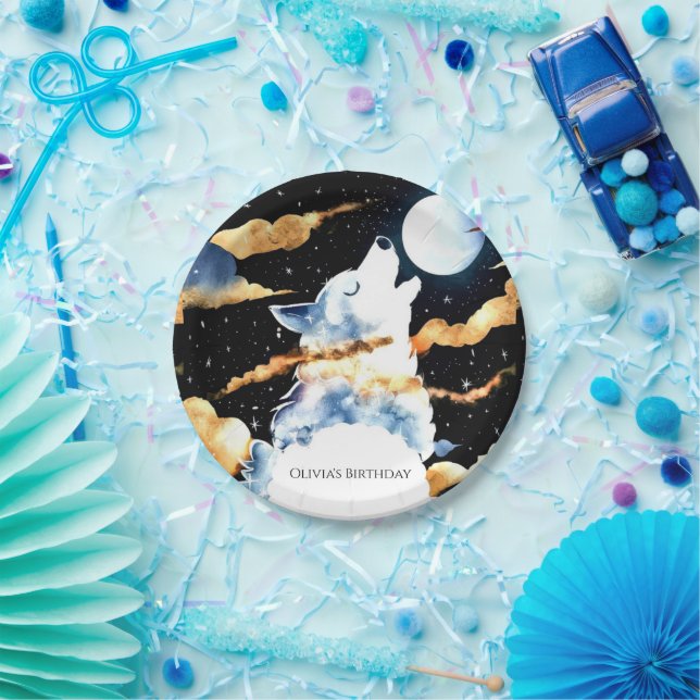 Whimsical Howling Wolf Birthday Paper Plate (Party)