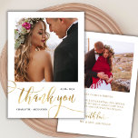 Whimsical Huge Gold Script 2 Photo Wedding  Thank You Card<br><div class="desc">Modern Whimsical Boho Chic Huge Gold Calligraphy Script 2 Photo Wedding Thank You Card. Stylish wedding thank you template featuring a full vertical photo on the front with the text "Thank You" in a whimsical swirly hand lettering typography swash tail font script faux gold foil. At the reverse side pre-made...</div>