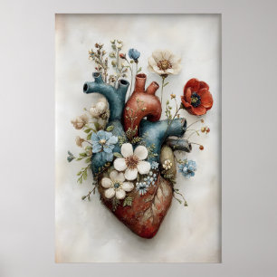 Whimsical Human Heart Flowers Print, Anatomical Poster