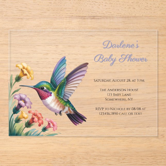 Whimsical Hummingbird Floral Baby Shower Acrylic Invitations (Front)