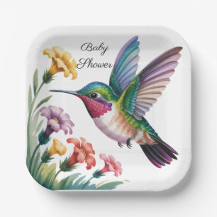 Whimsical Hummingbird Floral Baby Shower Paper Plate