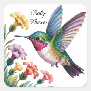 Whimsical Hummingbird Floral Baby Shower Square Sticker