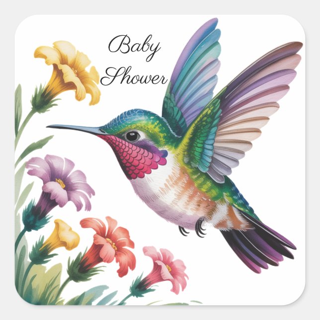 Whimsical Hummingbird Floral Baby Shower Square Sticker (Front)