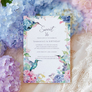 Whimsical Hummingbirds with Hydrangeas Sweet 16 Invitation