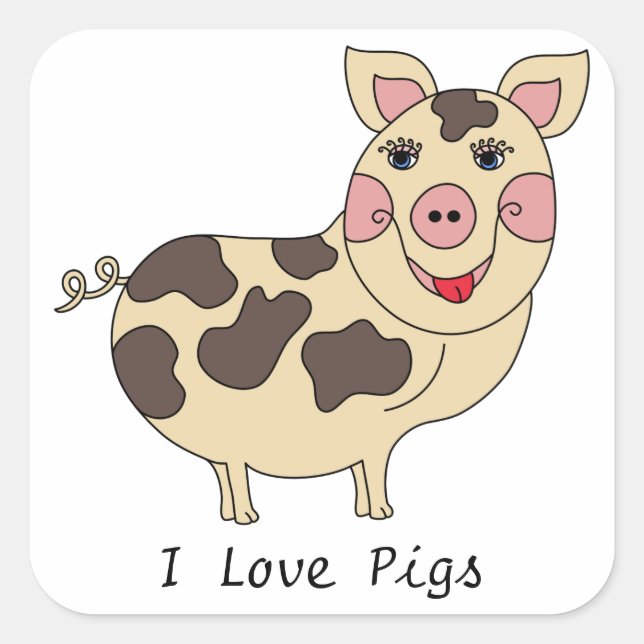 Whimsical I Love Pigs Square Sticker (Front)