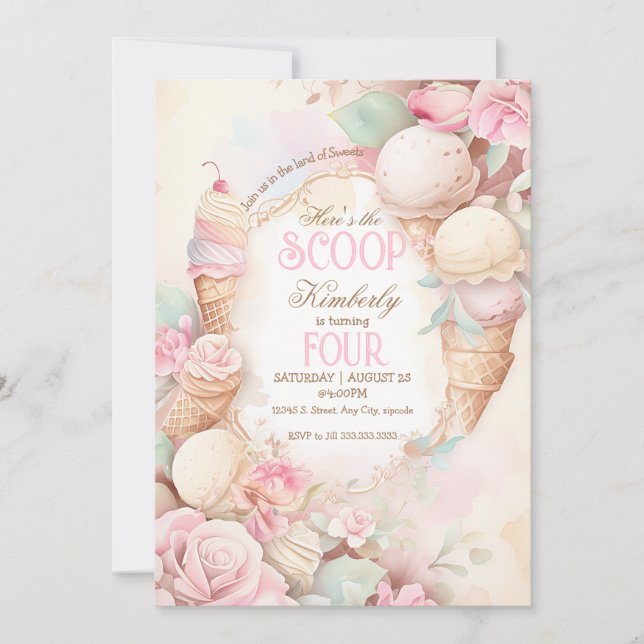 Whimsical Ice cream, Ice cream Pink Vintage Invitation (Front)