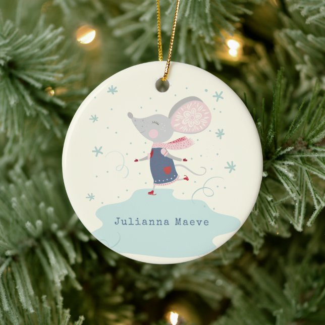 Whimsical Ice Skater Mouse Holiday Name Custom Ceramic Tree Decoration (Tree)