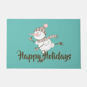 Whimsical Ice Skating Snowman Customizable  Doormat