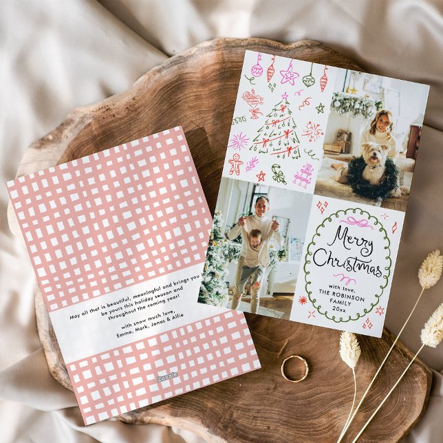 Whimsical Icons Hand Drawn Merry Christmas 2 Photo Holiday Card (Creator Uploaded)