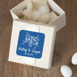 Whimsical Illustrated Floral Modern Fun Wedding Square Sticker<br><div class="desc">This modern wedding favour sticker features a hand-drawn floral illustration and hand-lettered typography in white over the perfect shade of blue. The look is handmade and fun,  yet still romantic and elegant! See the collection for more items.</div>