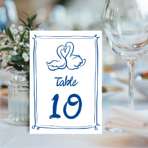 Whimsical Illustrated Hand-drawn Swans Wedding Table Number