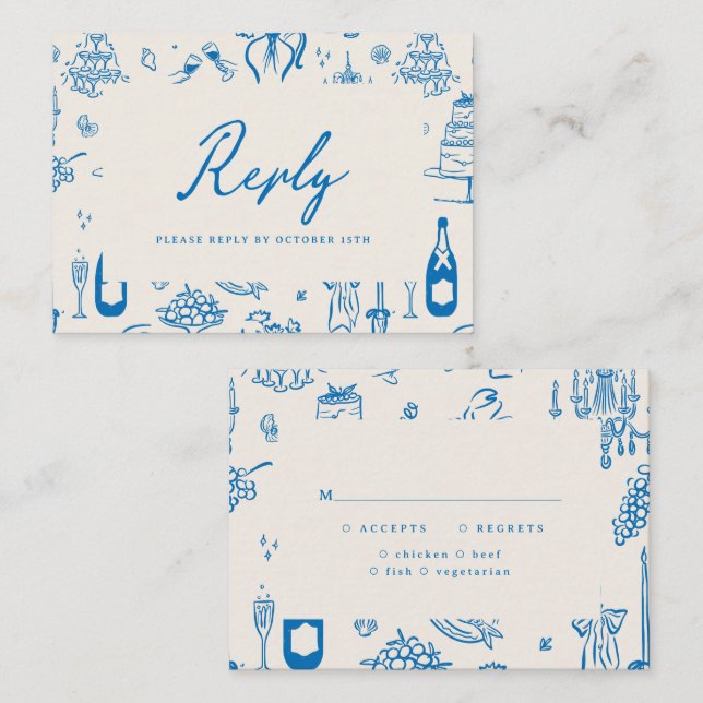 Whimsical illustrated Hand Drawn Wedding RSVP Card (Front/Back)