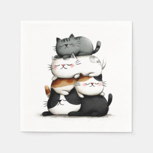 Whimsical Illustration of a Stack of Adorable Cats Napkin