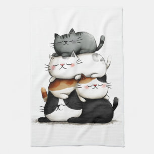 Whimsical Illustration of a Stack of Adorable Cats Tea Towel
