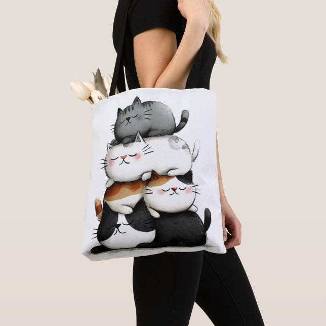 Whimsical Illustration of a Stack of Adorable Cats Tote Bag (Close Up)